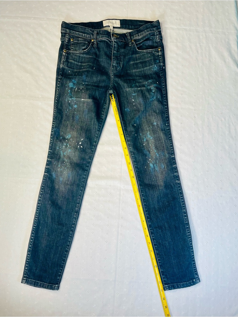 THE GREAT. Dark Blue Skinny Jeans with Blue Paint Splatter